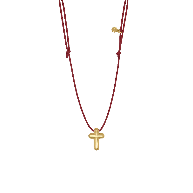 silver pendant necklace with engraving for her-CROSS NECKLACE - RED ROPE AND GOLDEN SILVER