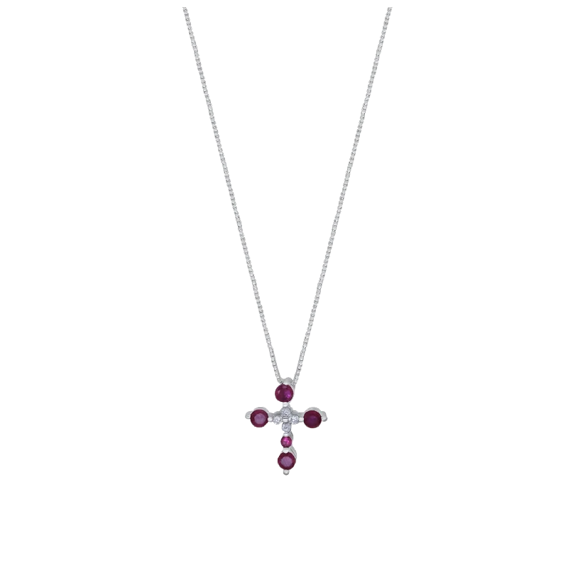 simple gemstone pendant necklace for women-CROSS NECKLACE - RED ZIRCONIA AND SILVER