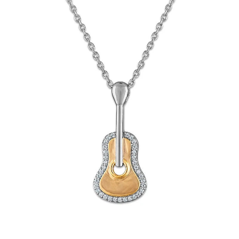 silver necklace with birthstone pendant-Diamond Accent 18-inch Guitar Pendant in Two-Tone Sterling Silver