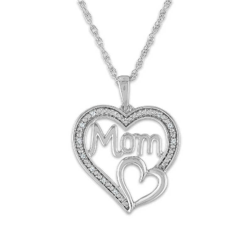 gold personalized family name necklace-Diamond Accent 18-inch Mom Pendant in Sterling Silver