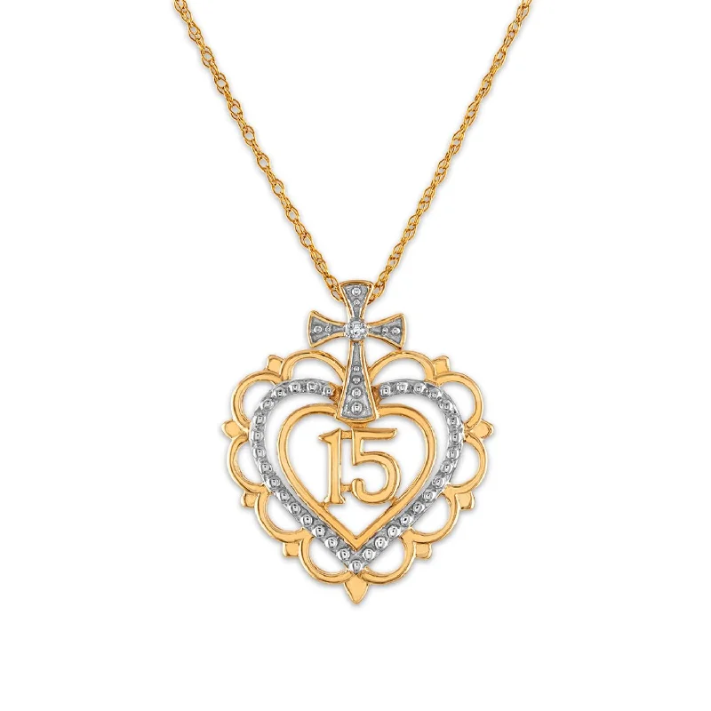 engraved silver bar necklace with initials-Diamond Accent 18-inch Quinceanera Heart Cross Pendant in 10KT Yellow Gold