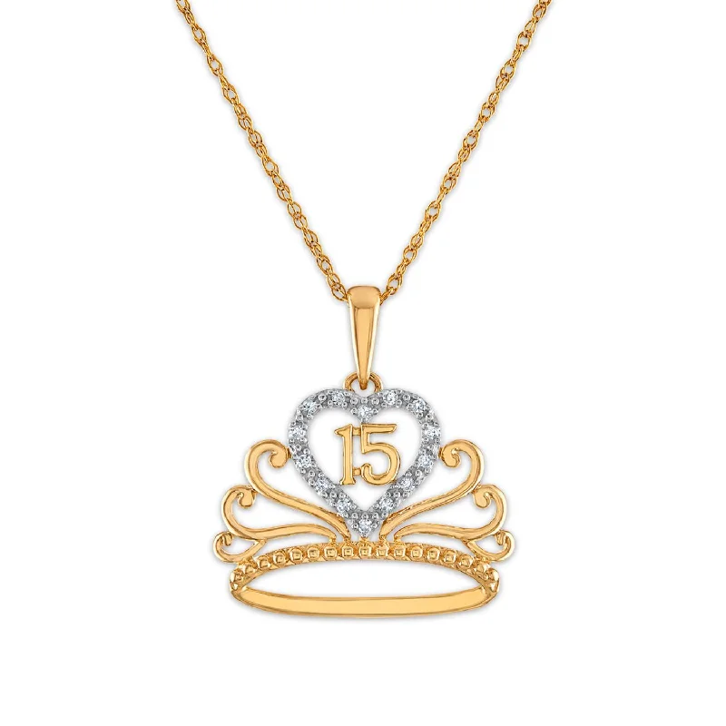 custom charm bar pendant necklace for her-Diamond Accent 18-inch Quinceanera Heart Crown Pendant in 10KT Yellow Gold