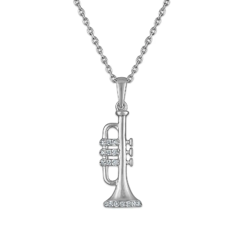 custom crystal pendant necklace-Diamond Accent Trumpet 18-inch Pendant in Rhodium Plated Sterling Silver