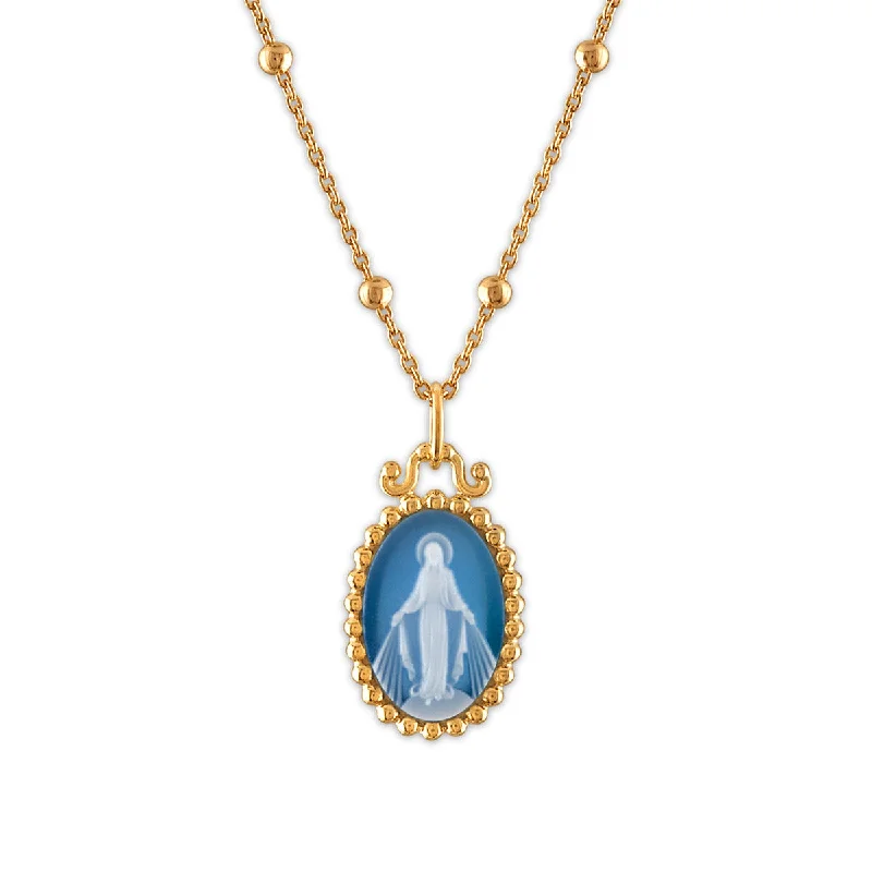 personalized silver name necklace-Frank Ronay Collection Blue Agate 15X10MM 18-inch Virgen Milagrosa Pendant in 18KT Yellow Gold Plated Sterling Silver