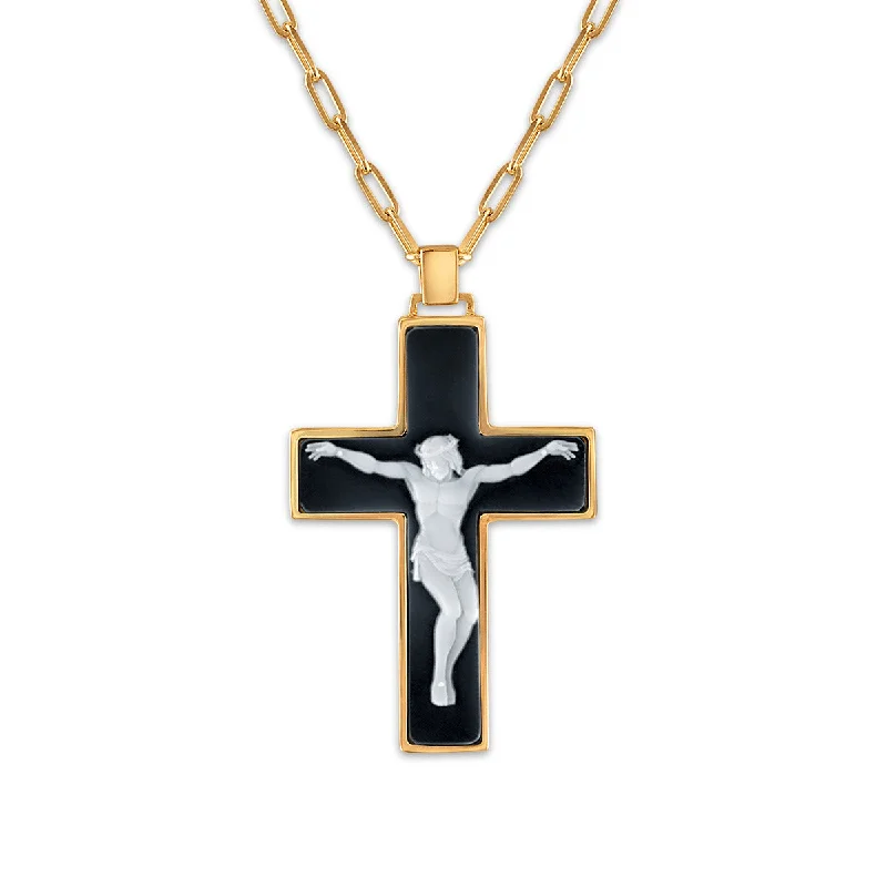 engraved family birthstone necklace-Frank Ronay Collection Black Agate 44X32MM 30-inch Crucifix Pendant in 18KT Yellow Gold Plated Sterling Silver