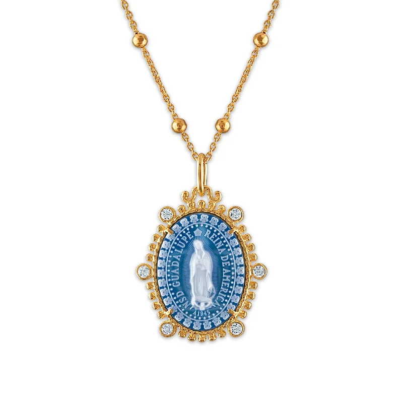 custom pendant necklace for kids-Frank Ronay Collection Blue Agate and Cubic Zirconia 20X16MM 18-inch Guadalupe Pendant in 18KT Yellow Gold Plated Sterling Silver