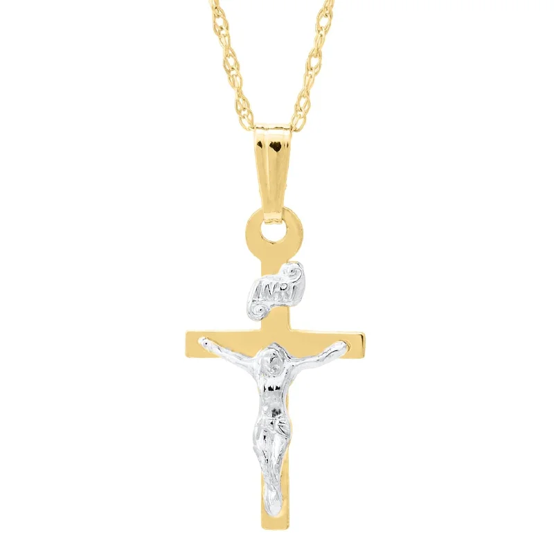 engraved silver bar necklace with initials-Kiddie Kraft 14KT White and Yellow Gold 15-inch Childrens Crucifix Cross Pendant