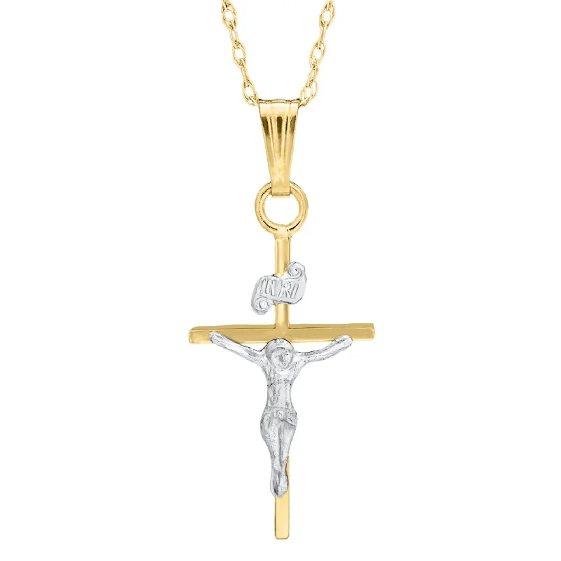 custom charm bar pendant necklace for her-Kiddie Kraft 14KT White and Yellow Gold 15-inch Childrens Crucifix Cross Pendant