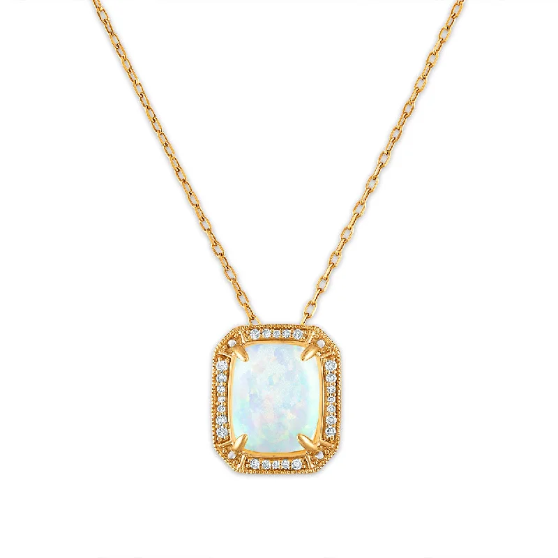 sterling silver birthstone pendant necklace for mom-LoveSong 10X8MM Cushion Opal and Diamond Halo Pendant in 10KT Yellow Gold