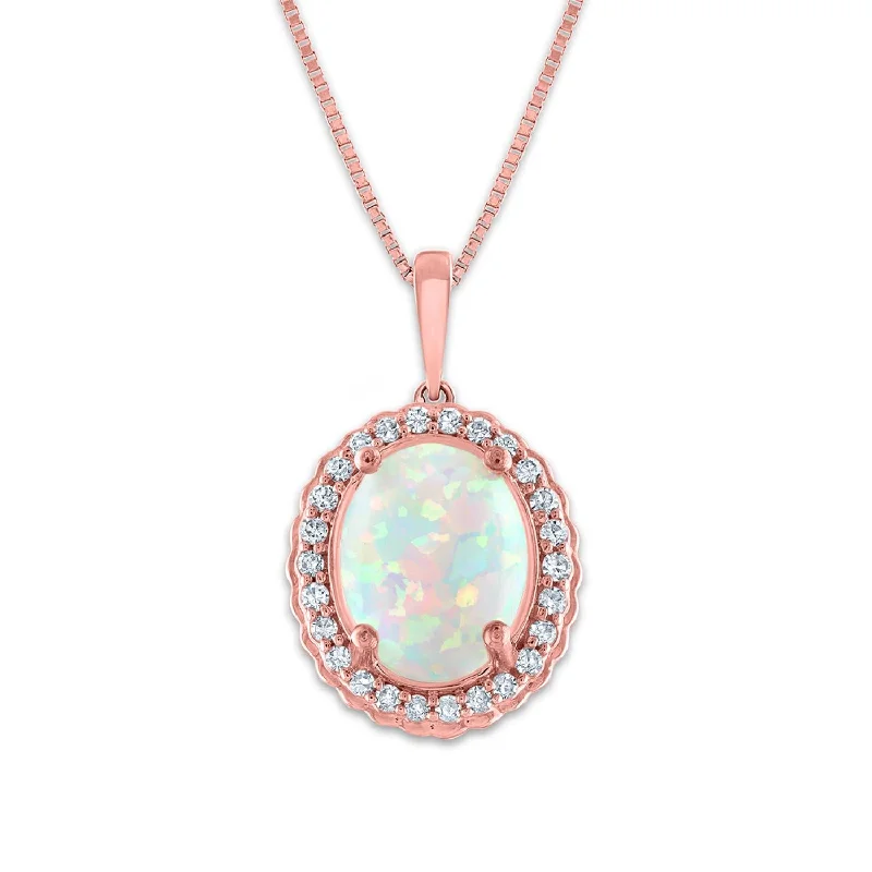 custom letter pendant necklace-LoveSong 10X8MM Oval Opal and Diamond Halo 18-inch Pendant in 10KT Rose Gold