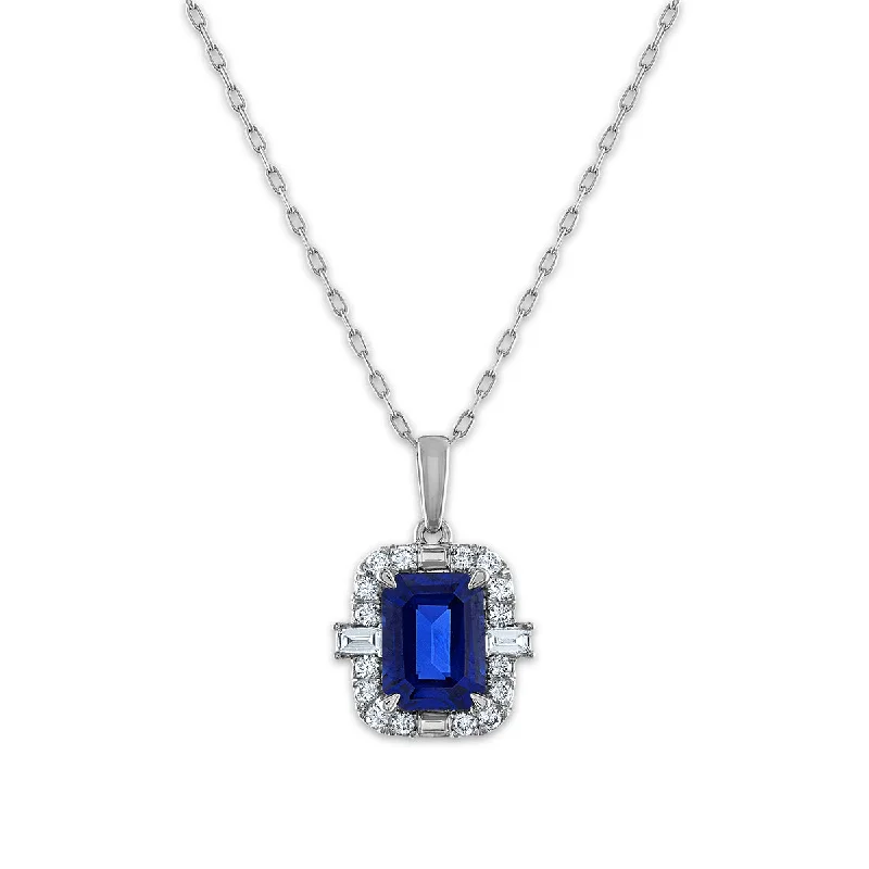 celestial crystal pendant necklace for him-LoveSong EcoLove 8X6MM Emerald Shape Blue Sapphire and Diamond Halo 18-inch Pendant in 10KT White Gold