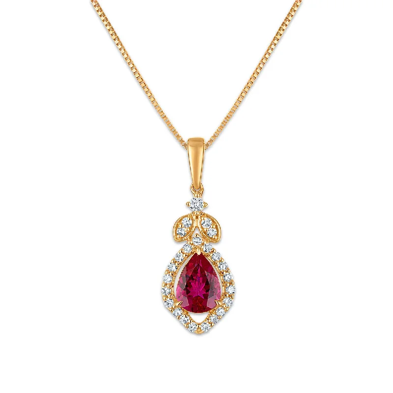 long gold pendant necklace for women-LoveSong EcoLove Pear Ruby and Lab Grown Diamond Halo Drop & Dangle 18-inch Pendant in 10KT Yellow Gold