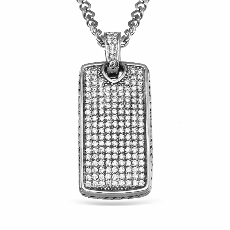 personalized heart-shaped bar necklace for men-Luxe Layers Stainless Steel Cubic Zirconia 61X25MM 24-inch Dog Tag Pendant