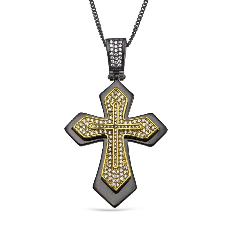 customized gold pendant necklace for women-Luxe Layers Two-Tone Stainless Steel Cubic Zirconia 70X42MM 24-inch Cross Pendant