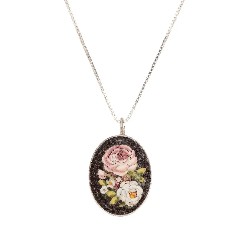 personalized nameplate pendant for dad-MICROMOSAIC NECKLACE - FLEMISH FLOWERS - SILVER