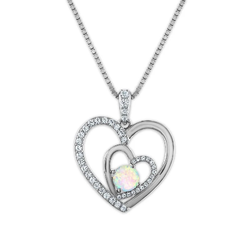 celestial moon and star pendant necklace-Opal and White Sapphire 18-inch Heart Pendant in Sterling Silver