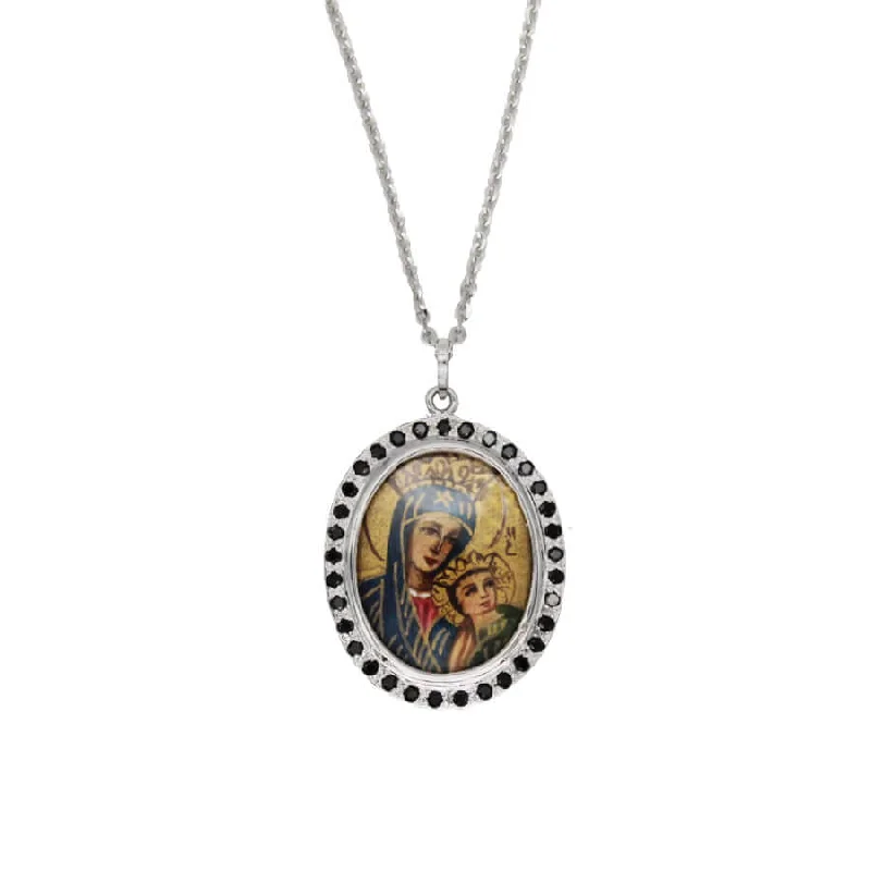 personalized charm necklace for men-OUR LADY OF PERPETUAL HELP NECKLACE - DIAMONDS AND WHITE GOLD