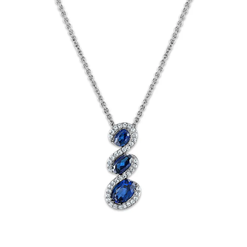 dainty silver necklace with pendant-Oval Ceylon Sapphire and White Sapphire Halo Three Stone 18-inch Pendant in Rhodium Plated Sterling Silver