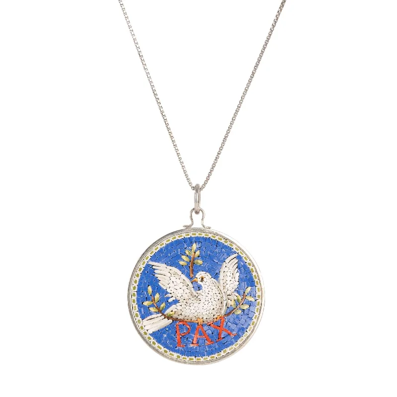 silver pendant necklace with engraving for her-PEACE DOVE - BLUE MICROMOSAIC - SILVER NECKLACE