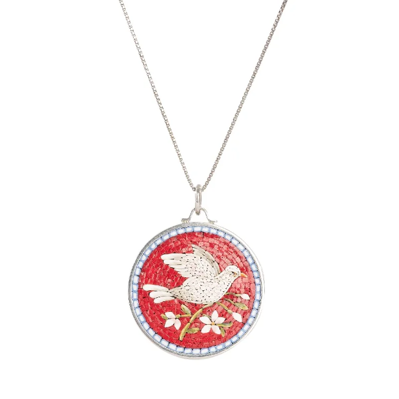 vintage silver pendant necklace for men-PEACE DOVE - RED MICROMOSAIC - SILVER NECKLACE