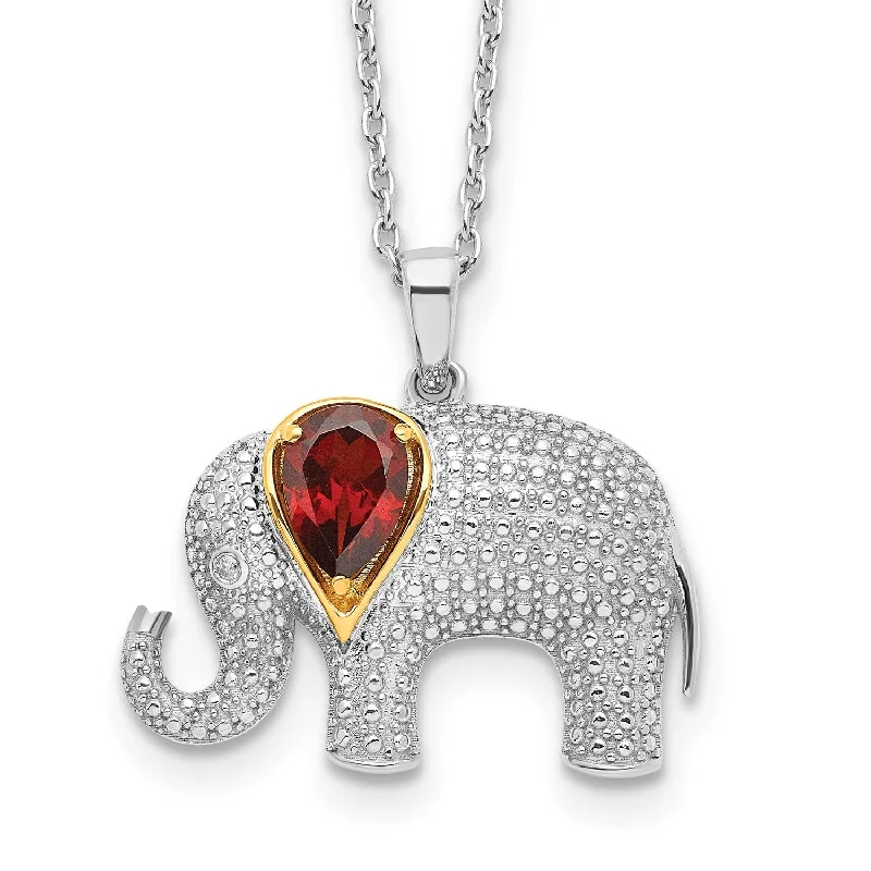 silver pendant necklace with gemstone charm-Pear Garnet Diamond Accent Elephant 17-inch Pendant in Sterling Silver