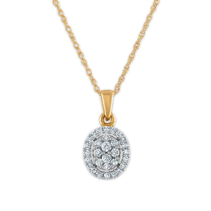 custom couple’s necklace with names-Red Hot Deal 1/4 CTW Diamond Halo Cluster Oval Shape 18-inch Pendant in 10KT Yellow Gold