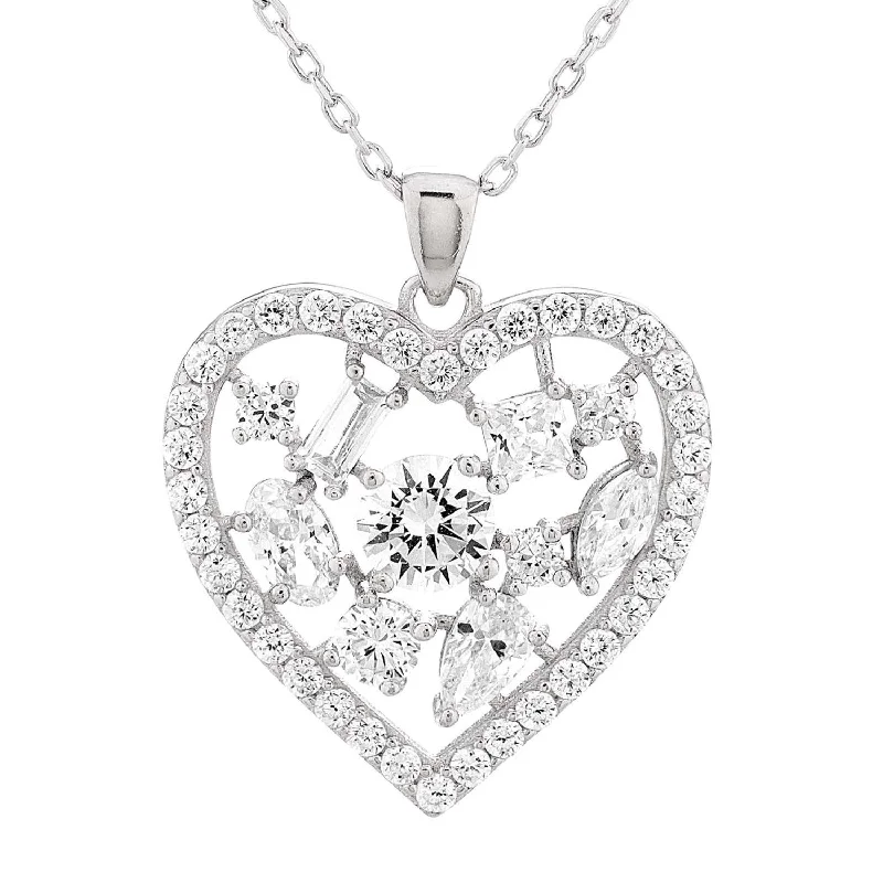 simple crystal pendant necklace with chain-Rhodium Plated Sterling Silver Cubic Zirconia 18-inch Heart Pendant