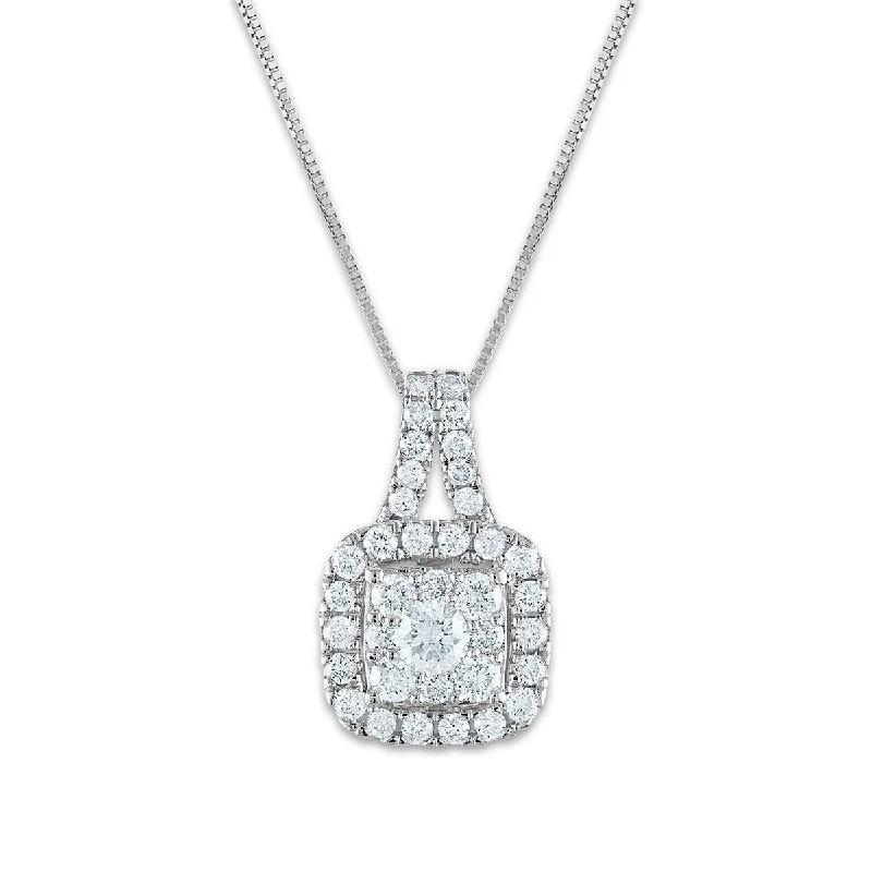 custom crystal charm necklace-Signature 3/4 CTW Diamond Halo Cushion 18-inch Pendant in 14KT White Gold