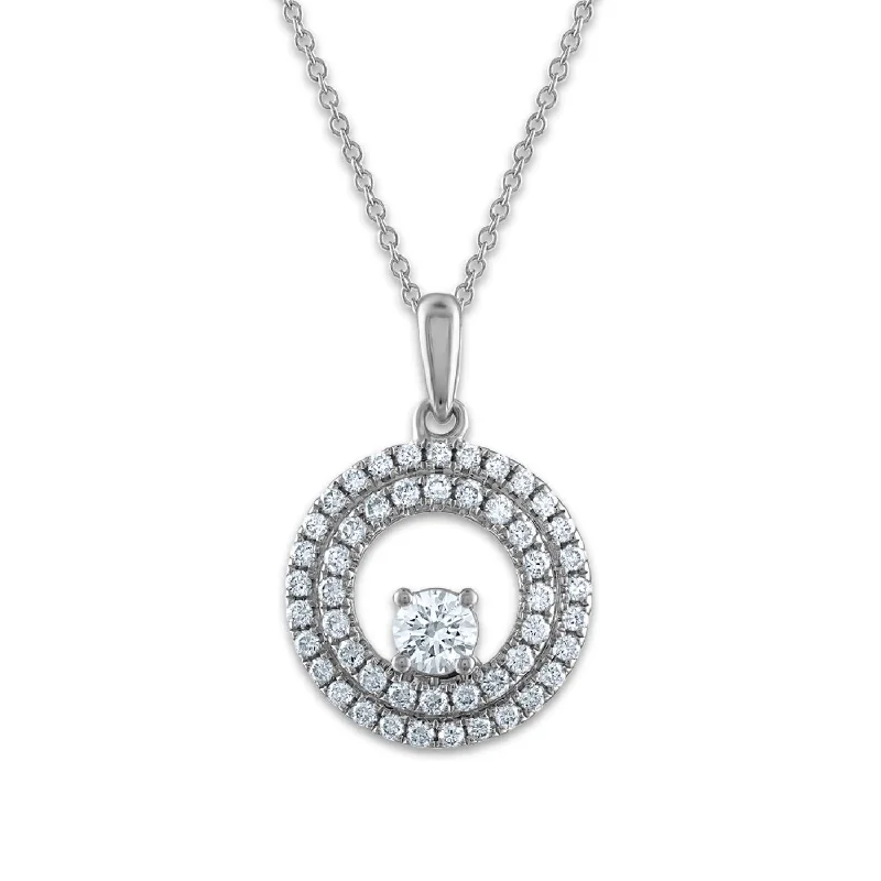 simple crystal pendant necklace with chain-Signature EcoLove 3/4 CTW Lab Grown Diamond Halo Fashion Circle 18-inch Pendant in 14KT White Gold