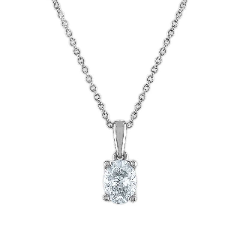 custom silver heart necklace-Signature EcoLove 3/4 CTW Lab Grown Diamond Solitaire Oval Shaped 18-inch Pendant in 14KT White Gold