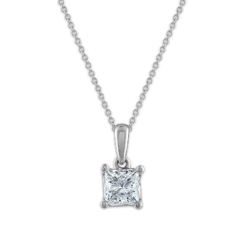 vintage-style pendant necklace for men-Signature EcoLove 3/4 CTW Lab Grown Diamond Solitaire Princess Cut 18-inch Pendant in 14KT White Gold