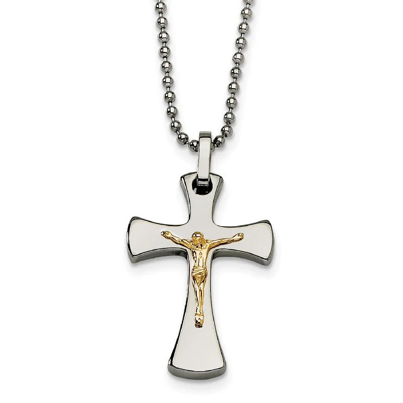 simple gold chain necklace-Stainless Steel 14k Gold Accent Crucifix Pendant