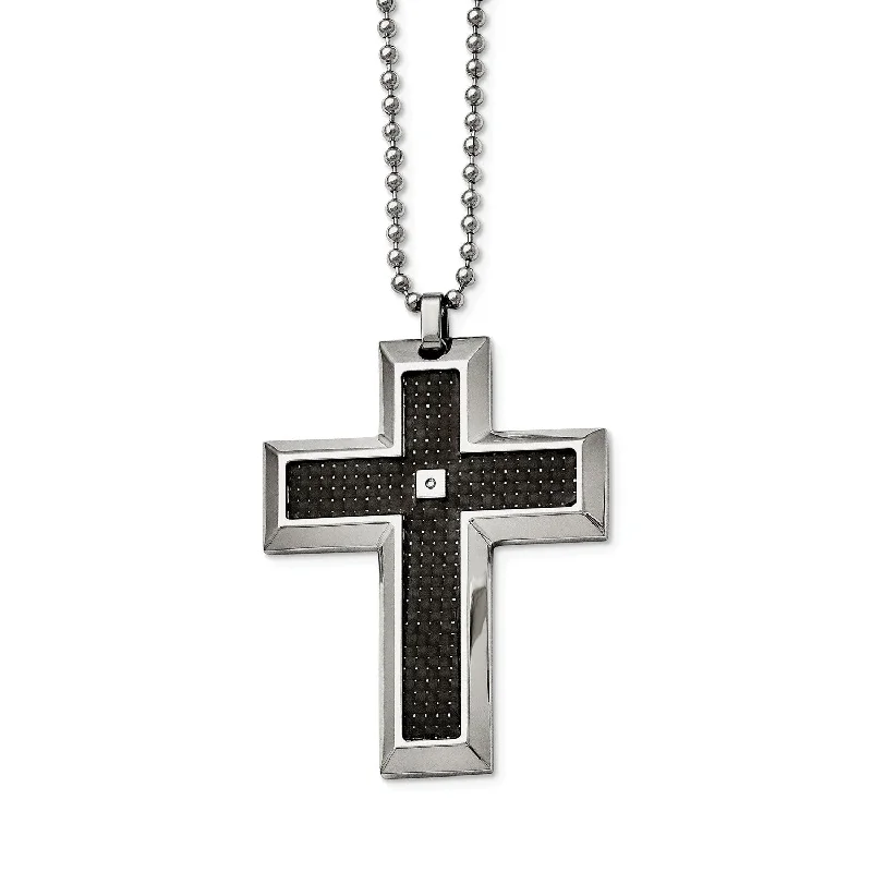 custom birthstone pendant necklace for mom-Stainless Steel Blk Carbon Fiber Inlay .01ct Diamond Accent Cross Pendant