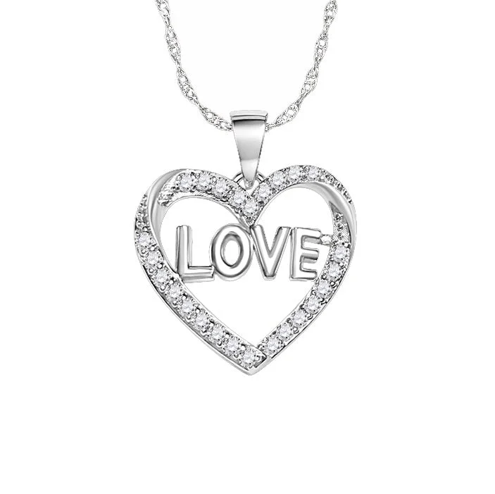 personalized nameplate bar necklace-Sterling Silver and White Sapphire 18-inch Heart Love Pendant