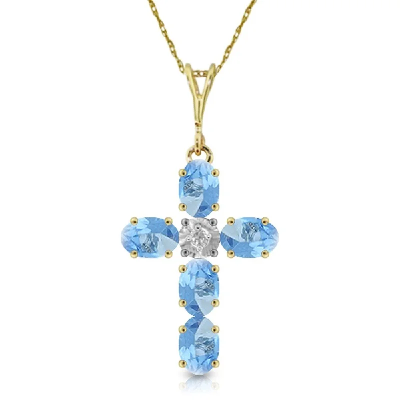 sterling silver circle pendant necklace-1.75 Carat 14K Gold Cross Necklace Natural Diamond Blue Topaz