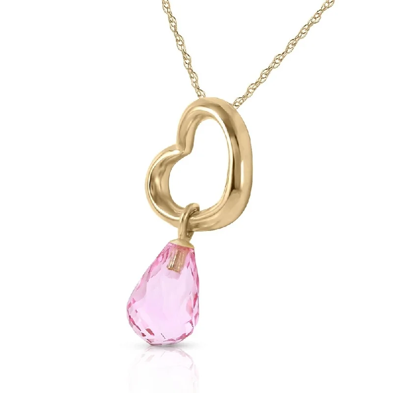 engraved bar necklace for special occasions-14K Solid Gold Heart Necklace with Dangling Natural Pink Topaz