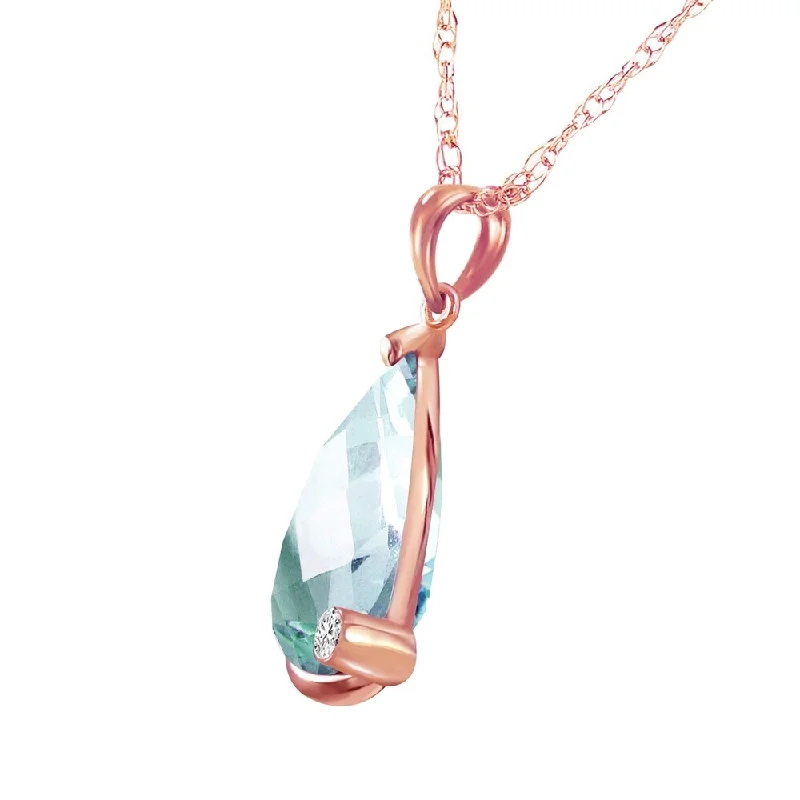 custom birthstone pendant necklace for mom-14K Solid Rose Gold Necklace with Briolette Checkerboard Cut Blue Topaz & Diamond