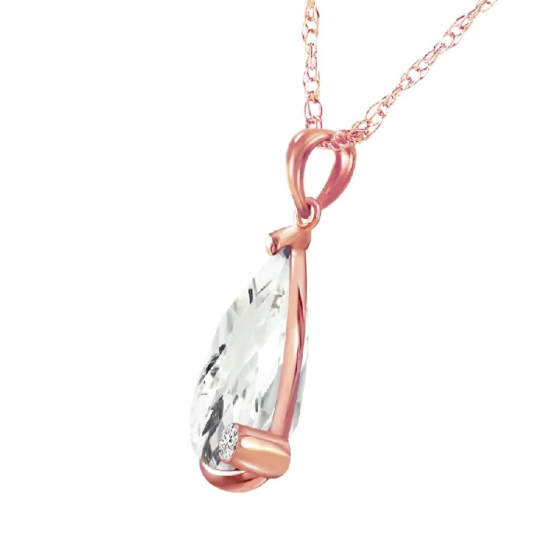 long silver chain necklace with charm pendant-14K Solid Rose Gold Necklace with Briolette Checkerboard Cut White Topaz & Diamond