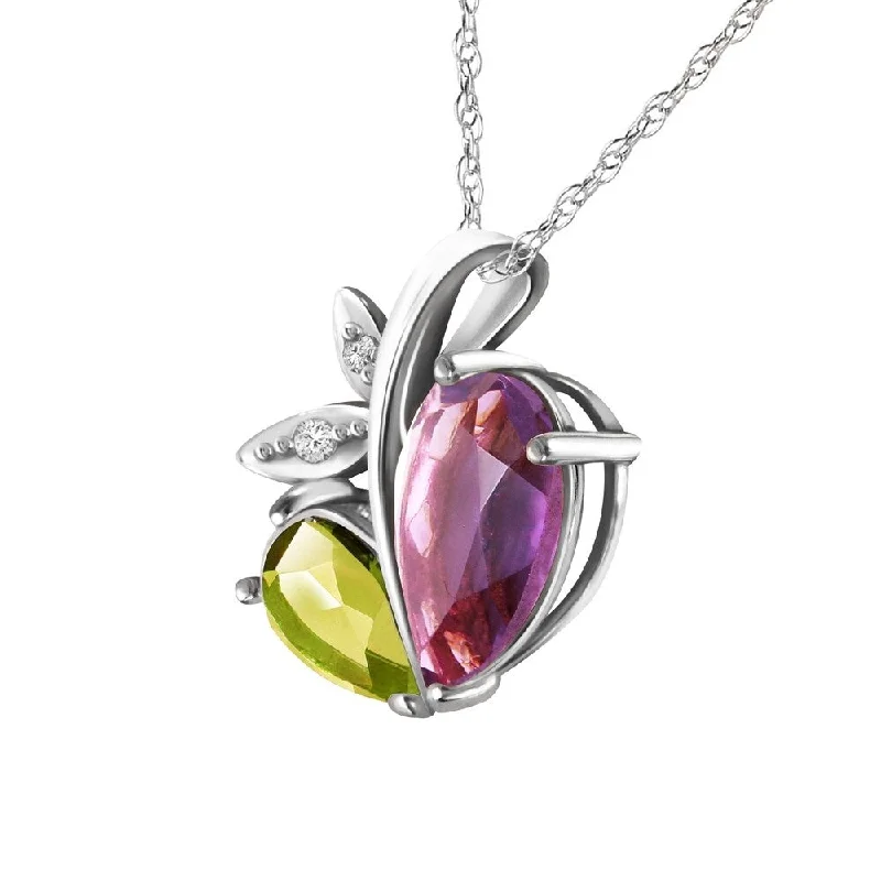 boho silver necklace with gemstone pendant-14K Solid White Gold Modern Heart Necklace Combination of Amethyst, Peridot & Diamond