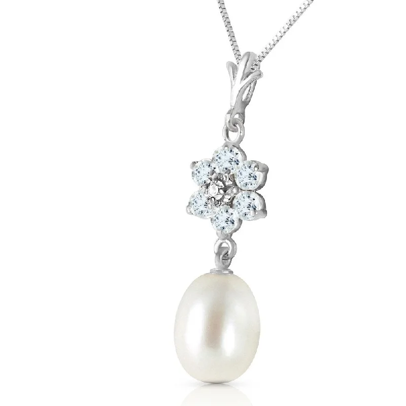 sterling silver charm pendant necklace with birthstone-4.53 Carat 14K Solid White Gold Necklace Natural pearl, Aquamarine Diamond