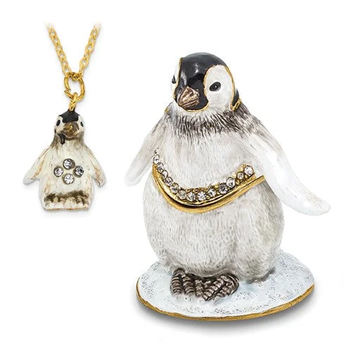 simple gold pendant necklace for men-Baby Penguin Enameled Trinket Box