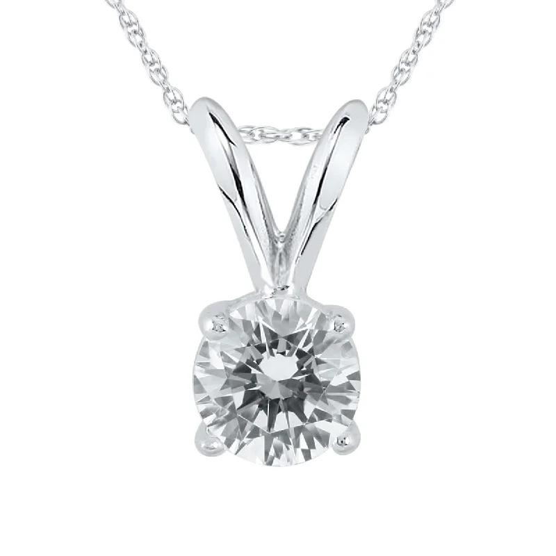 long silver necklace with gemstone pendant-Certified 1/2 Carat Round Diamond Solitaire Pendant in 14K White Gold