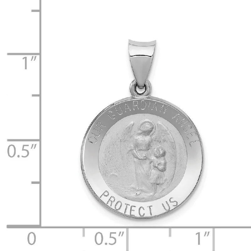 custom engraved silver pendant necklace for couple-Diamond2Deal 14K White Gold Polished and Satin Our Guardian Angel Medal Pendant (L- 27 mm, W- 18.5 mm)