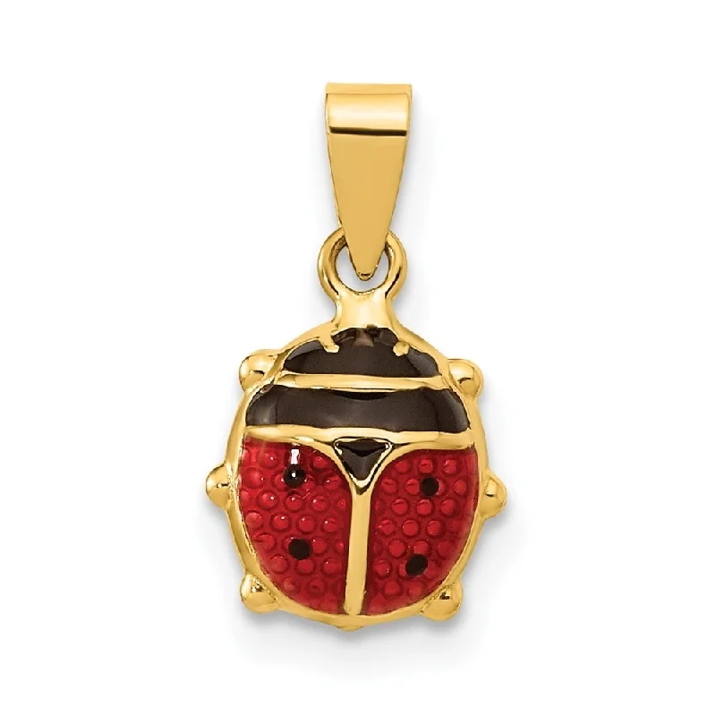 custom engraved gemstone pendant necklace-Diamond2Deal 14K Yellow Gold Red/Black Enamel Ladybug Pendant, (L-10mm, W-8mm)