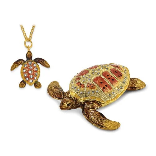 unique pendant necklace for women-Bejeweled Enameled & Crystal Loggerhead Sea Turtle Trinket Box