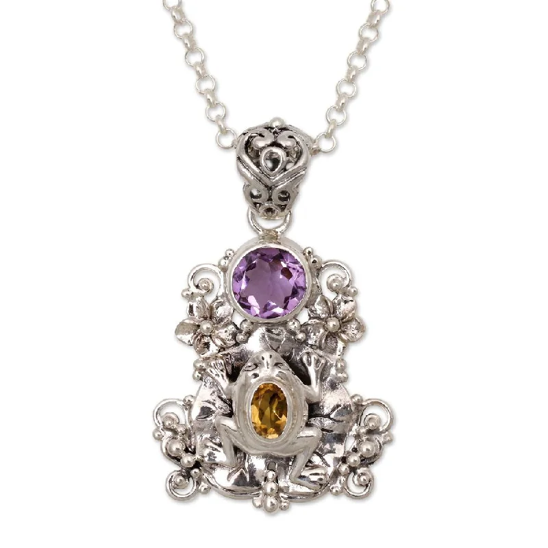 custom silver heart necklace-Handmade Amethyst and Citrine Pendant Necklace, 'Rainforest Frog' (Indonesia)