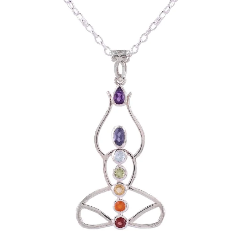 dainty gold bar necklace for women-Handmade Chakra Sterling Silver Harmonious Mind Multi-Gemstone Necklace (India)