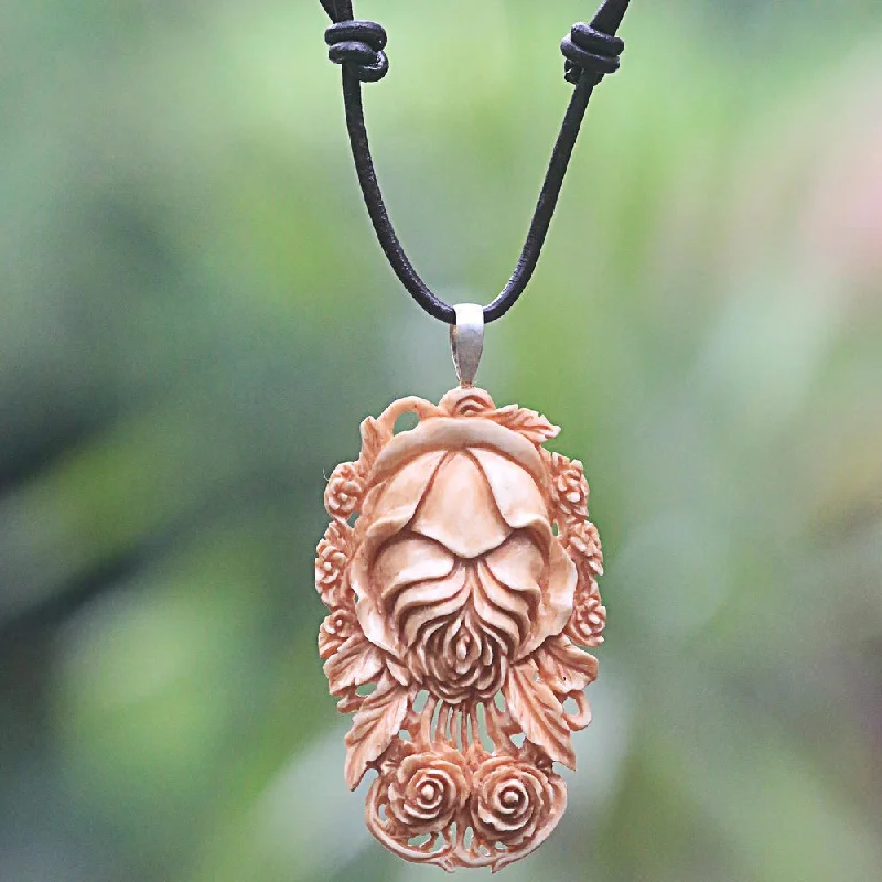 dainty bar pendant necklace-Handmade Leather 'Antique Rose' Flower Necklace (Indonesia)