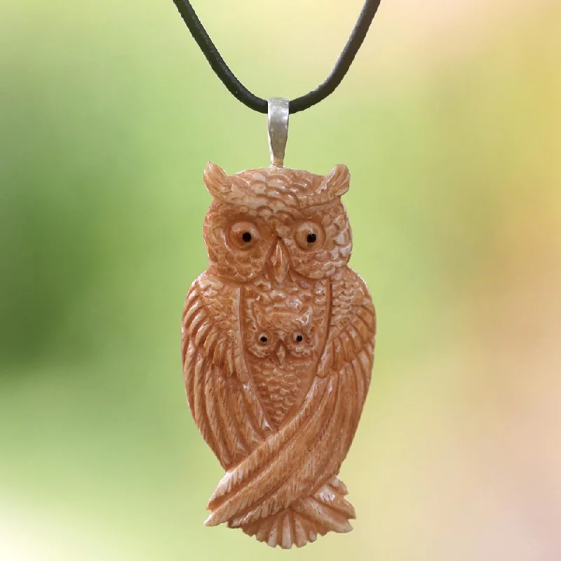 vintage style bar necklace with engraving-Handmade Leather 'Brown Owl Family' Necklace (Indonesia)