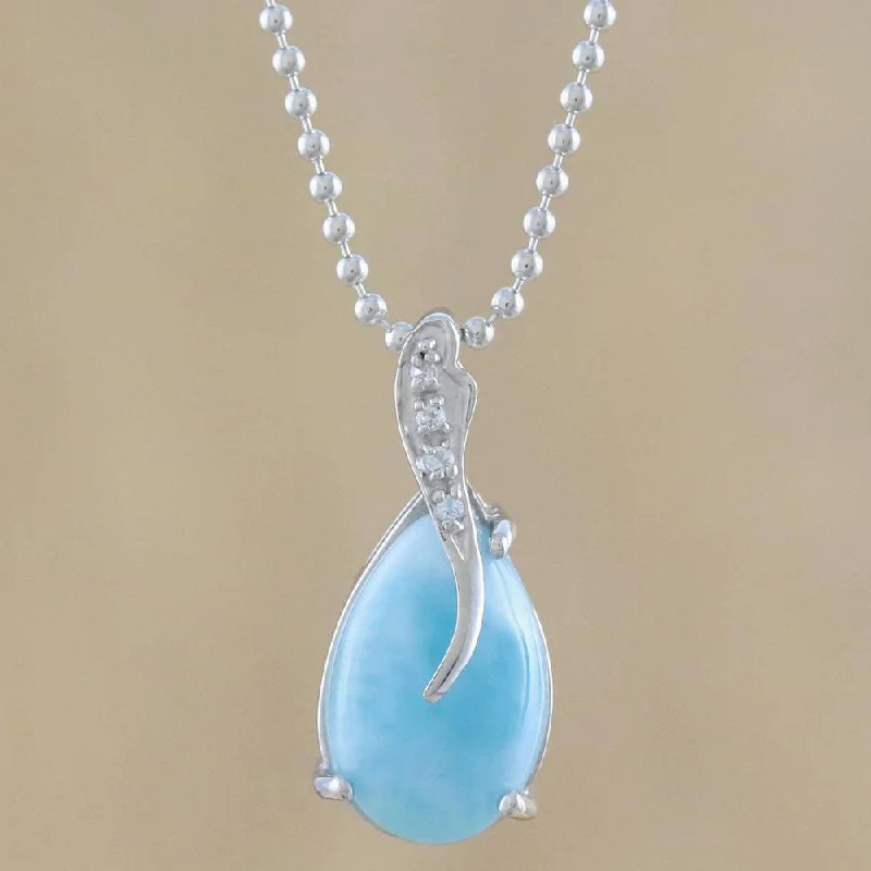 simple silver heart necklace-Handmade Sterling Silver 'Cradled Drop' Larimar Zirconia Necklace (Thailand)